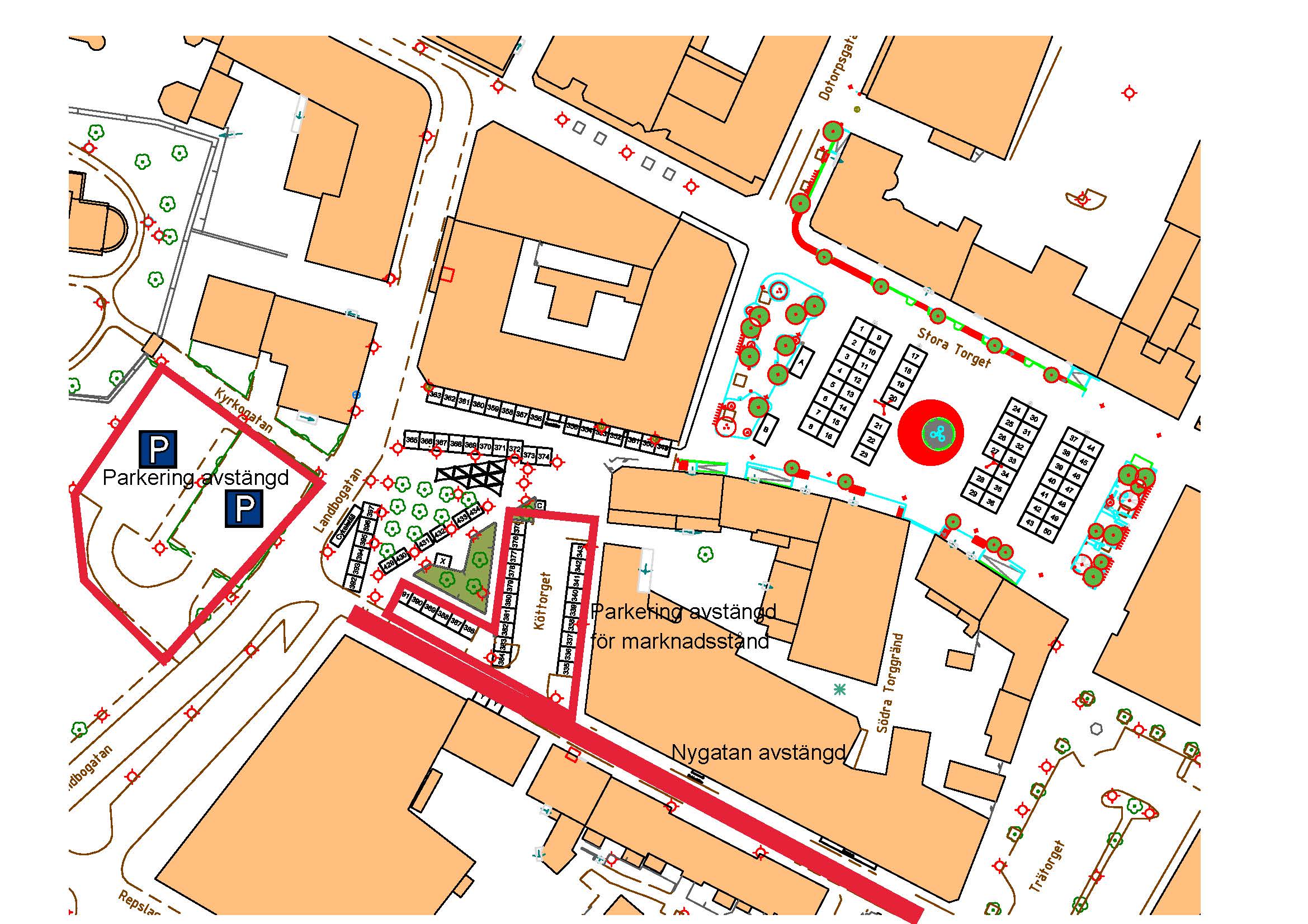 karta över avstängningarna på nyagatan, parkeringarna på kyrkbacken och trätorget