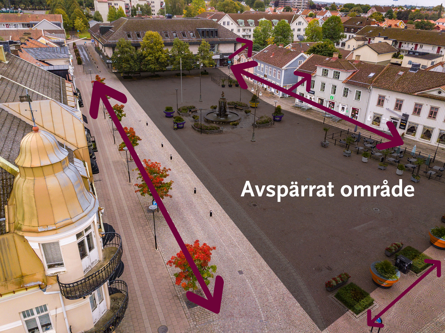 Avspärrningsområdet över centrala delen av Stora torget